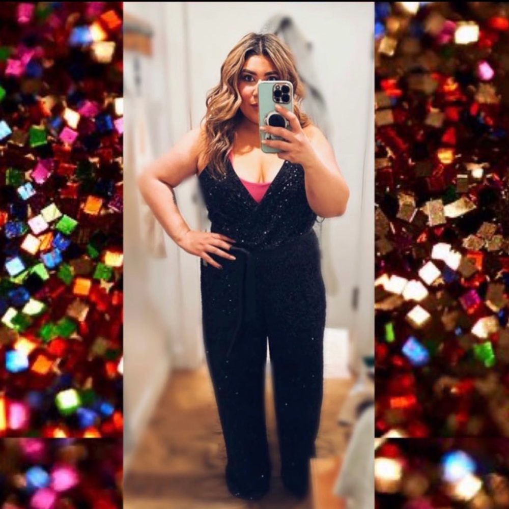 Express BARE SURPLICE TIE WAIST SEQUIN JUMPSUIT